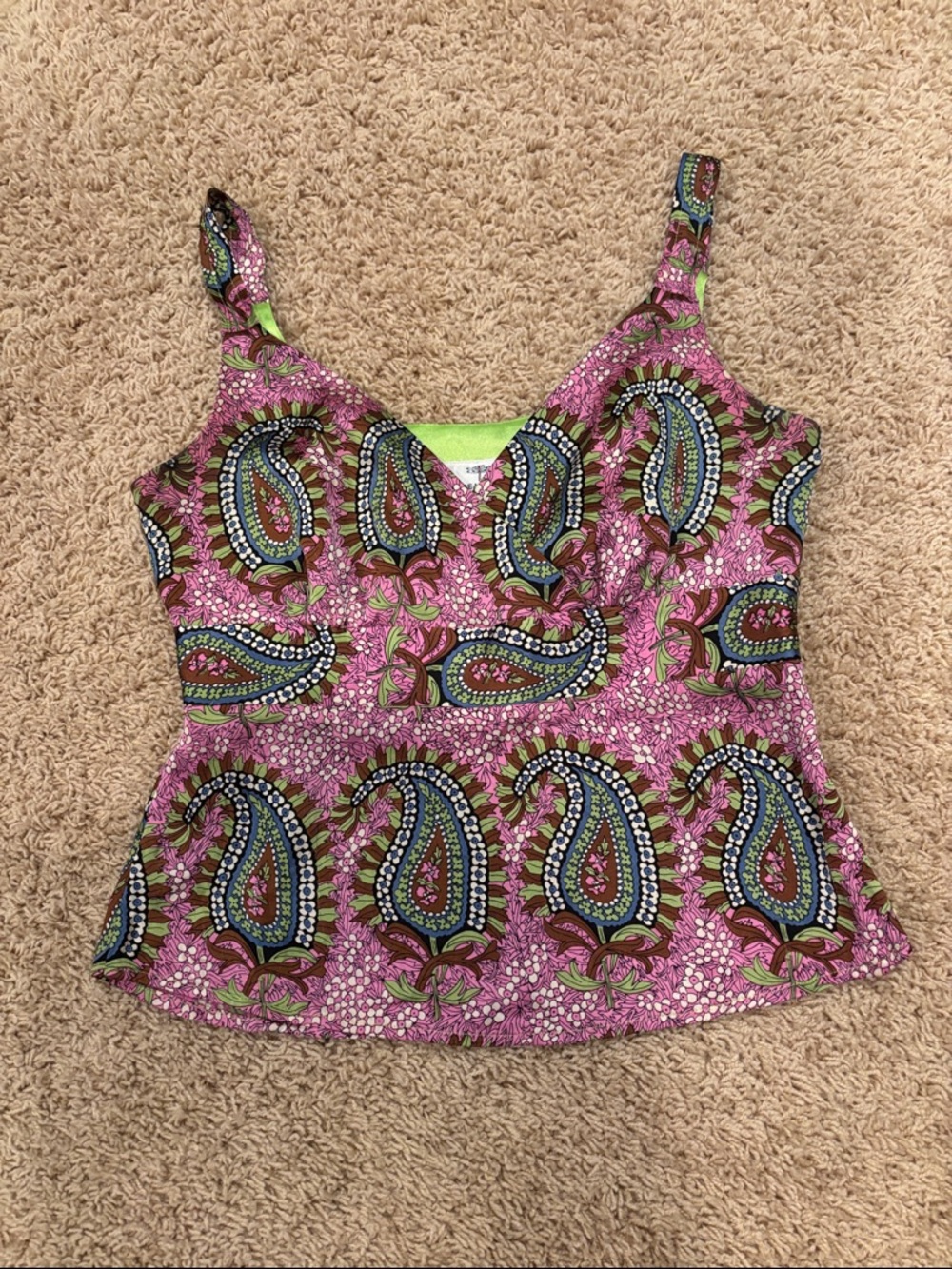 Pink Paisley V-Neck Camisole with Green Accents